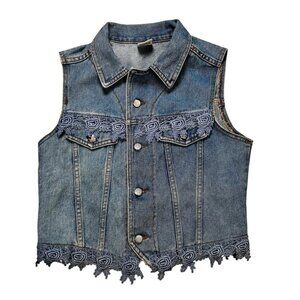 Vintage Watch LA Denim Jean Vest Lace Blue Fem Cottage Flirty